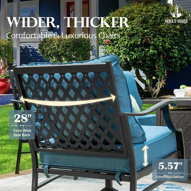 Alt view image 4 of 7 - HERA'S HOUSE 4-Piece Metal Steel Outdoor Conversation Set, 5 Seats | 45 in Fire Pit Table, Pacific Blue, Single chairs could support up to 350lbs