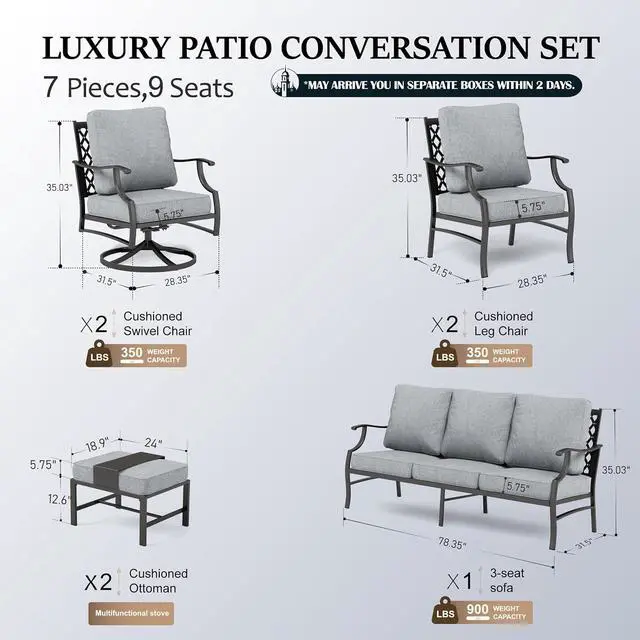 Alt view image 7 of 7 - HERA'S HOUSE 7-Piece Patio Conversation Set, 7-Seat, Swivel Chairs, Grey | Ottomans, Modular Design, All-Weather, For Garden, Deck, Backyard