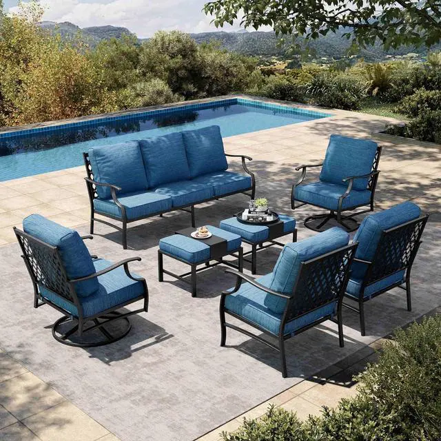 Main image of HERA'S HOUSE 7-Piece Metal Patio Conversation Set, 7-Seat, Swivel Chairs | Peacock Blue, 2 Swivel Chairs, 2 Chairs, 2 Ottomans, 1 3-Seat Sofa, Ottomans, Modular Design, All-Weather