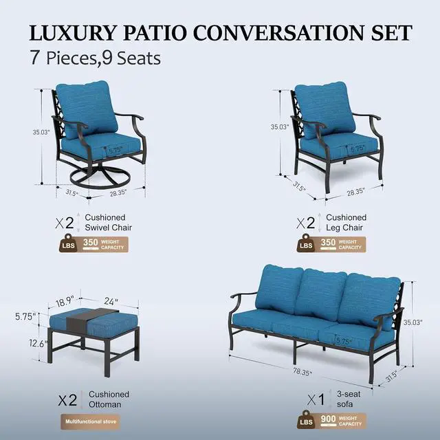 Alt view image 6 of 7 - HERA'S HOUSE 7-Piece Metal Patio Conversation Set, 7-Seat, Swivel Chairs | Peacock Blue, 2 Swivel Chairs, 2 Chairs, 2 Ottomans, 1 3-Seat Sofa, Ottomans, Modular Design, All-Weather