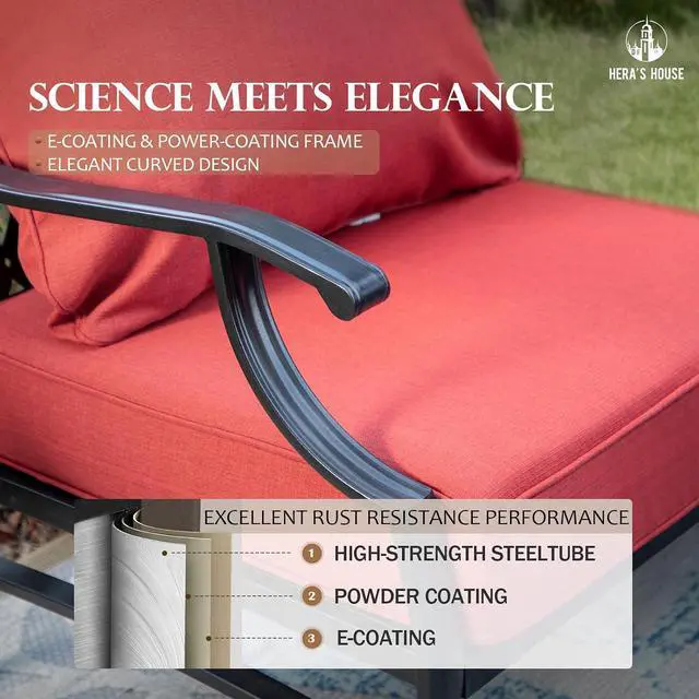 Alt view image 2 of 7 - HERA'S HOUSE 5-Piece Metal Outdoor Conversation Set, 7 Seats | Red Rocker + Ottoman, Rocking chair, Single chairs could support up to 350lbs