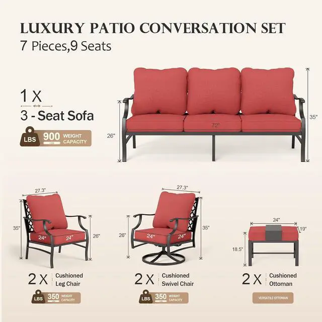 Alt view image 6 of 7 - HERA'S HOUSE 7-Piece Metal Patio Conversation Set, 7-Seat, Swivel Chairs | Red, 2 Swivel Chairs, 2 Chairs, 2 Ottomans, 1 3-Seat Sofa, Ottomans, Modular Design, All-Weather, For Garden, Deck, Backyard