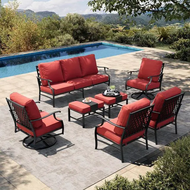 Main image of HERA'S HOUSE 7-Piece Metal Patio Conversation Set, 7-Seat, Swivel Chairs | Red, 2 Swivel Chairs, 2 Chairs, 2 Ottomans, 1 3-Seat Sofa, Ottomans, Modular Design, All-Weather, For Garden, Deck, Backyard