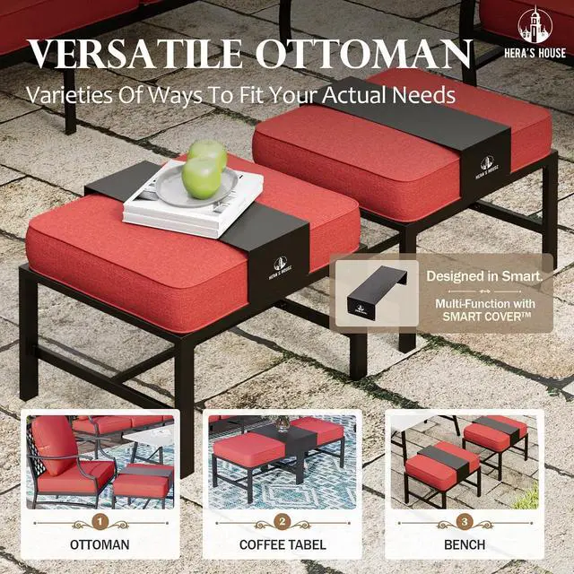 Alt view image 5 of 7 - HERA'S HOUSE 5-Piece Metal Outdoor Conversation Set, 7 Seats | Red Rocker + Ottoman, Rocking chair, Single chairs could support up to 350lbs