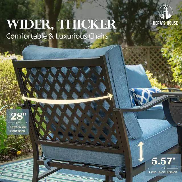 Alt view image 2 of 7 - HERA'S HOUSE 7-Piece Metal Patio Conversation Set, 9-Seat, Navy Blue | 4 Chairs, 2 Ottomans, 1 3-Seat Sofa, Ottomans, All-Weather, For Garden, Deck, Backyard