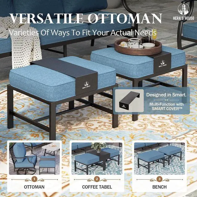 Alt view image 3 of 7 - HERA'S HOUSE 7-Piece Metal Patio Conversation Set, 9-Seat, Navy Blue | 4 Chairs, 2 Ottomans, 1 3-Seat Sofa, Ottomans, All-Weather, For Garden, Deck, Backyard