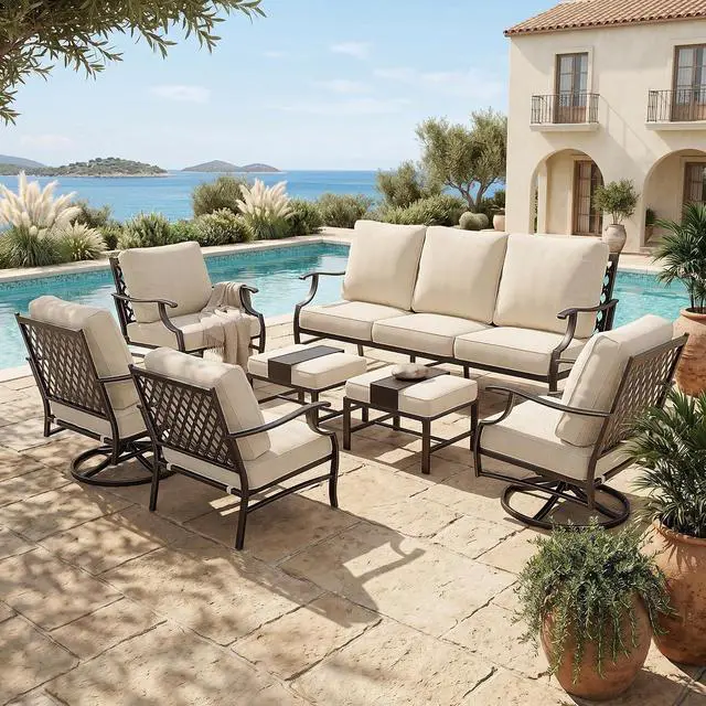 Main image of HERA'S HOUSE 7-Piece Patio Conversation Set, 7-Seat, Swivel Chairs, Beige | 2 Swivel Chairs, 2 Leg Chairs, 2 Ottomans, 1 3-Seat Sofa, Ottomans, Modular Design, All-Weather, For Garden, Deck, Backyard