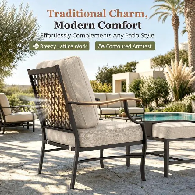 Alt view image 2 of 7 - HERA'S HOUSE 7-Piece Patio Conversation Set, 7-Seat, Swivel Chairs, Beige | 2 Swivel Chairs, 2 Leg Chairs, 2 Ottomans, 1 3-Seat Sofa, Ottomans, Modular Design, All-Weather, For Garden, Deck, Backyard