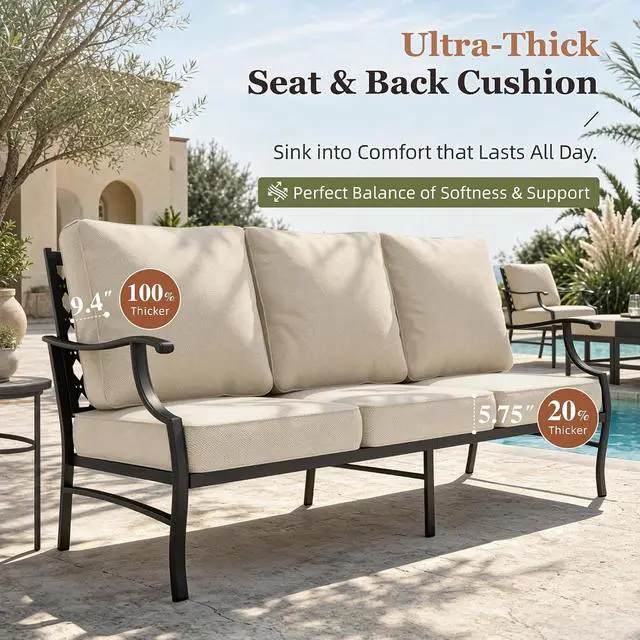 Alt view image 3 of 7 - HERA'S HOUSE 7-Piece Patio Conversation Set, 7-Seat, Swivel Chairs, Beige | 2 Swivel Chairs, 2 Leg Chairs, 2 Ottomans, 1 3-Seat Sofa, Ottomans, Modular Design, All-Weather, For Garden, Deck, Backyard