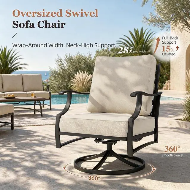 Alt view image 7 of 7 - HERA'S HOUSE 7-Piece Patio Conversation Set, 7-Seat, Swivel Chairs, Beige | 2 Swivel Chairs, 2 Leg Chairs, 2 Ottomans, 1 3-Seat Sofa, Ottomans, Modular Design, All-Weather, For Garden, Deck, Backyard