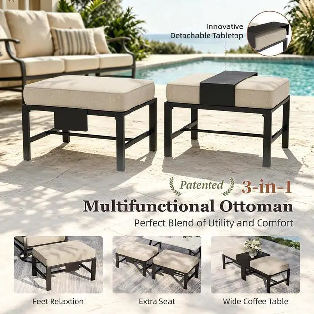 Alt view image 5 of 7 - HERA'S HOUSE 7-Piece Patio Conversation Set, 7-Seat, Swivel Chairs, Beige | 2 Swivel Chairs, 2 Leg Chairs, 2 Ottomans, 1 3-Seat Sofa, Ottomans, Modular Design, All-Weather, For Garden, Deck, Backyard