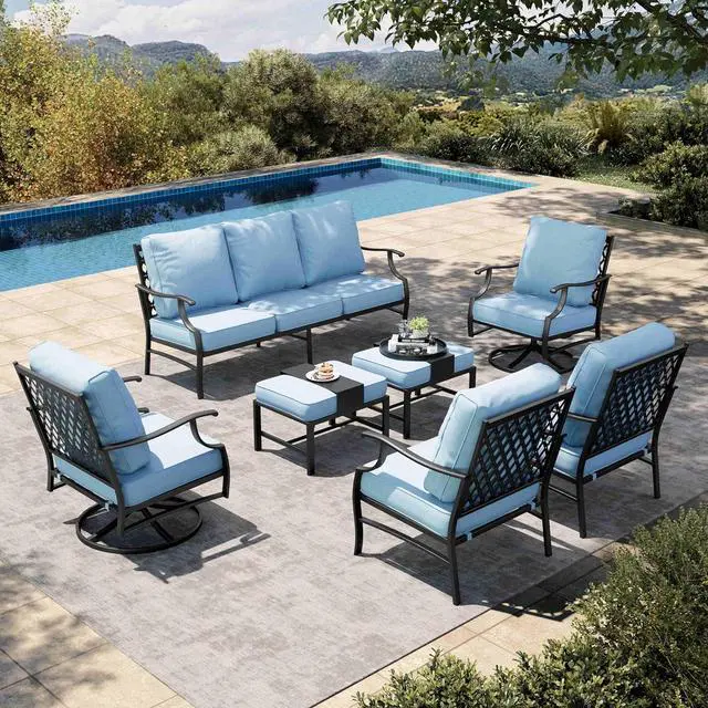 Main image of HERA'S HOUSE 7-Piece Metal Patio Conversation Set, 7-Seat, Swivel Chairs | Blue, 2 Swivel Chairs, 2 Chairs, 2 Ottomans, 1 3-Seat Sofa, Ottomans, Modular Design, All-Weather, For Garden, Deck, Backyard