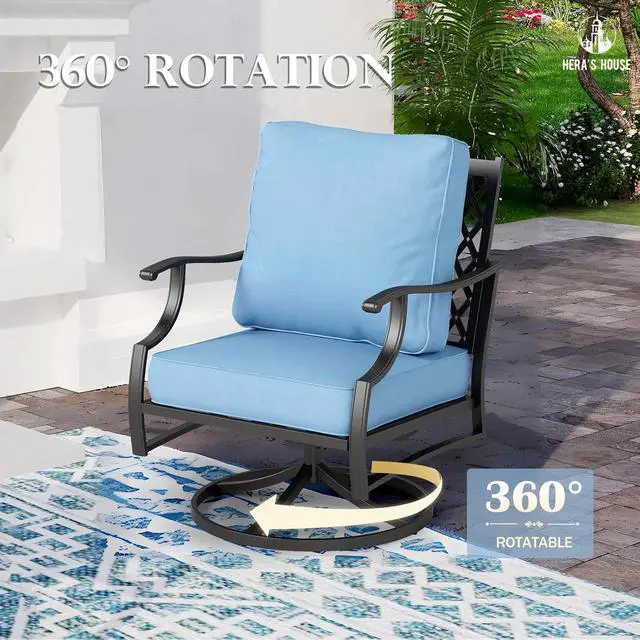 Alt view image 7 of 7 - HERA'S HOUSE 7-Piece Metal Patio Conversation Set, 7-Seat, Swivel Chairs | Blue, 2 Swivel Chairs, 2 Chairs, 2 Ottomans, 1 3-Seat Sofa, Ottomans, Modular Design, All-Weather, For Garden, Deck, Backyard
