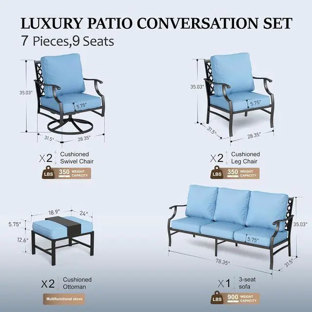 Alt view image 6 of 7 - HERA'S HOUSE 7-Piece Metal Patio Conversation Set, 7-Seat, Swivel Chairs | Blue, 2 Swivel Chairs, 2 Chairs, 2 Ottomans, 1 3-Seat Sofa, Ottomans, Modular Design, All-Weather, For Garden, Deck, Backyard