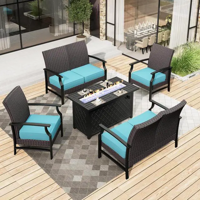 Main image of HERA'S HOUSE 5 Pieces Fire Pit Patio Furniture Set, 2 x Wicker Chair, 45" Fire Pit Table, 2 x 2-Seat Lover Sofa, All Weather Outdoor Conversation Set for Lawn Garden Backyard