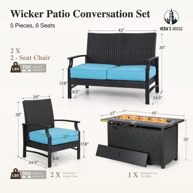 Alt view image 7 of 7 - HERA'S HOUSE 5 Pieces Fire Pit Patio Furniture Set, 2 x Wicker Chair, 45" Fire Pit Table, 2 x 2-Seat Lover Sofa, All Weather Outdoor Conversation Set for Lawn Garden Backyard