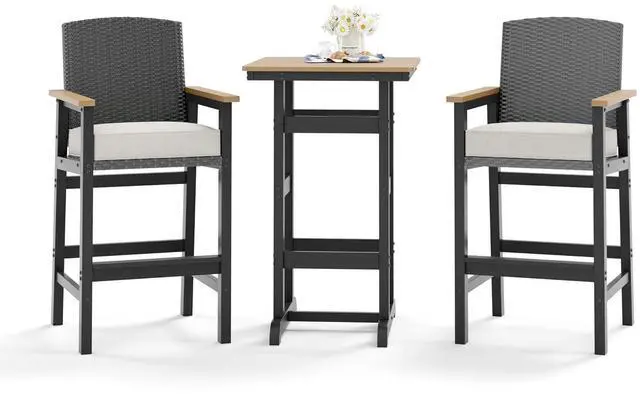 Main image of HERA'S HOUSE HDPE Outdoor Bar Set, 2 Stools with Wicker Backrest | Thick cushion, patio Table and Chairs. Waterproof, all-weather for outdoor backyard, porch