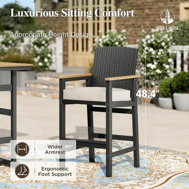 Alt view image 4 of 7 - HERA'S HOUSE HDPE Outdoor Bar Set, 2 Stools with Wicker Backrest | Thick cushion, patio Table and Chairs. Waterproof, all-weather for outdoor backyard, porch