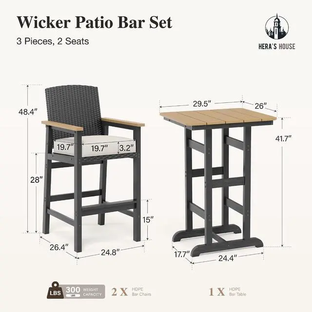 Alt view image 6 of 7 - HERA'S HOUSE HDPE Outdoor Bar Set, 2 Stools with Wicker Backrest | Thick cushion, patio Table and Chairs. Waterproof, all-weather for outdoor backyard, porch