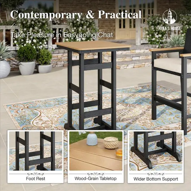 Alt view image 3 of 7 - HERA'S HOUSE HDPE Outdoor Bar Set, 2 Stools with Wicker Backrest | Thick cushion, patio Table and Chairs. Waterproof, all-weather for outdoor backyard, porch