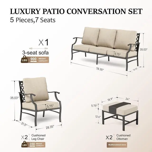 Alt view image 6 of 7 - HERA'S HOUSE 5-Piece Metal Outdoor Conversation Set, 7 Seats | Beige Leg Chair + Ottoman, Single chairs could support up to 350lbs