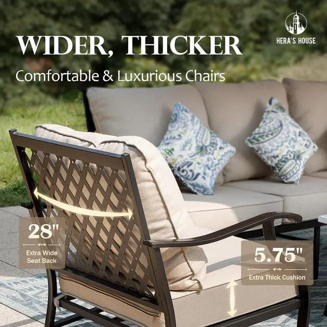 Alt view image 3 of 7 - HERA'S HOUSE 4-Piece Metal Steel Outdoor Conversation Set, Fire Pit Table | 5 Seats, Beige, Rocking chair, Single chairs could support up to 350lbs