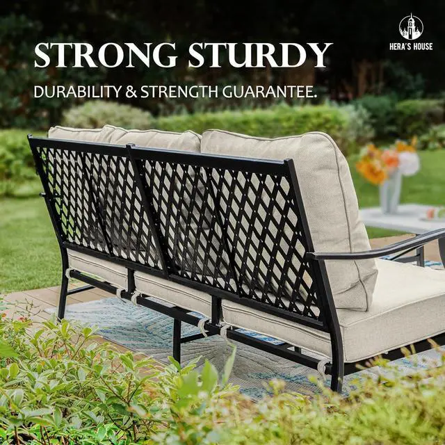 Alt view image 7 of 7 - HERA'S HOUSE 7-Piece Metal Patio Conversation Set, 9-Seat, Modular Design | Beige, 2 Ottomans, 1 3-Seat Sofa, Ottomans, All-Weather, For Garden, Deck, Backyard