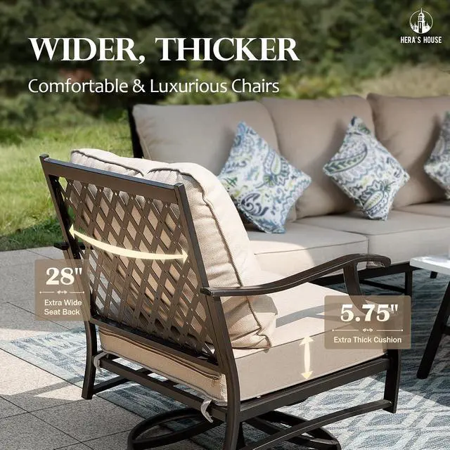 Alt view image 3 of 7 - HERA'S HOUSE 6 PCS Patio Furniture Set with Fire Pit Table, 2 x Ottoman | 6 PCS Set Size, Swivel Chairs + Ottoman + Wood Like Table Color, Modern Style