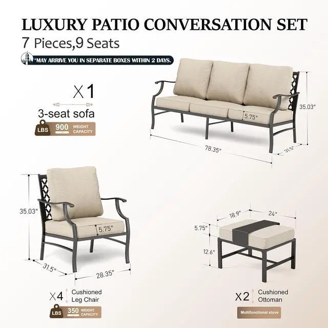 Alt view image 6 of 7 - HERA'S HOUSE 7-Piece Metal Patio Conversation Set, 9-Seat, Modular Design | Beige, 2 Ottomans, 1 3-Seat Sofa, Ottomans, All-Weather, For Garden, Deck, Backyard