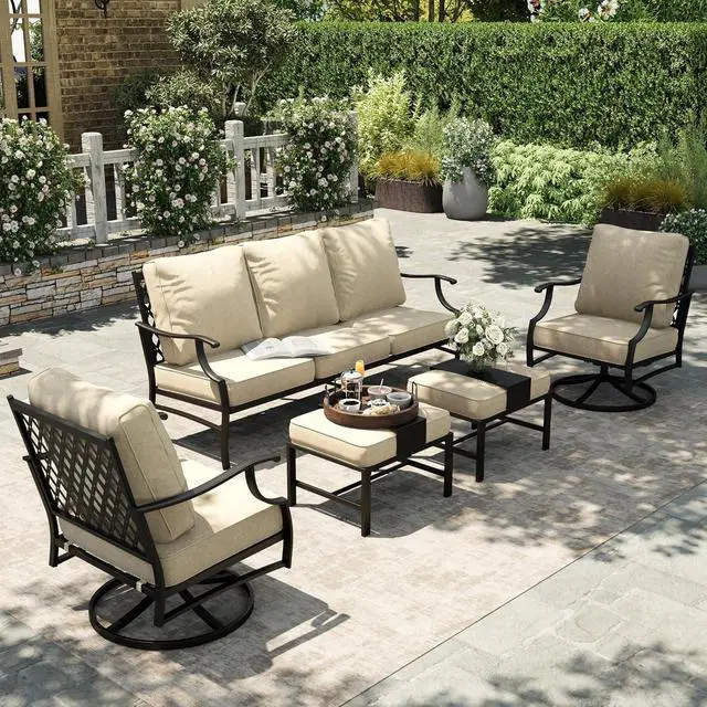 Main image of HERA'S HOUSE 5-Piece Metal Wrought Iron Outdoor Conversation Set, 7 Seats | Beige Swivel Chair + Ottoman, Single chairs could support up to 350lbs