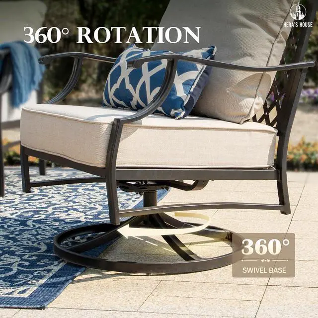 Alt view image 7 of 7 - HERA'S HOUSE 5-Piece Metal Wrought Iron Outdoor Conversation Set, 7 Seats | Beige Swivel Chair + Ottoman, Single chairs could support up to 350lbs