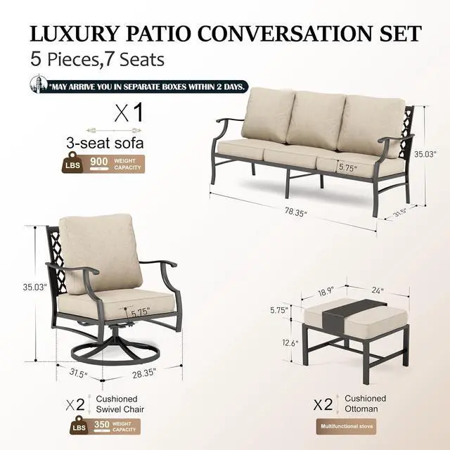 Alt view image 6 of 7 - HERA'S HOUSE 5-Piece Metal Wrought Iron Outdoor Conversation Set, 7 Seats | Beige Swivel Chair + Ottoman, Single chairs could support up to 350lbs
