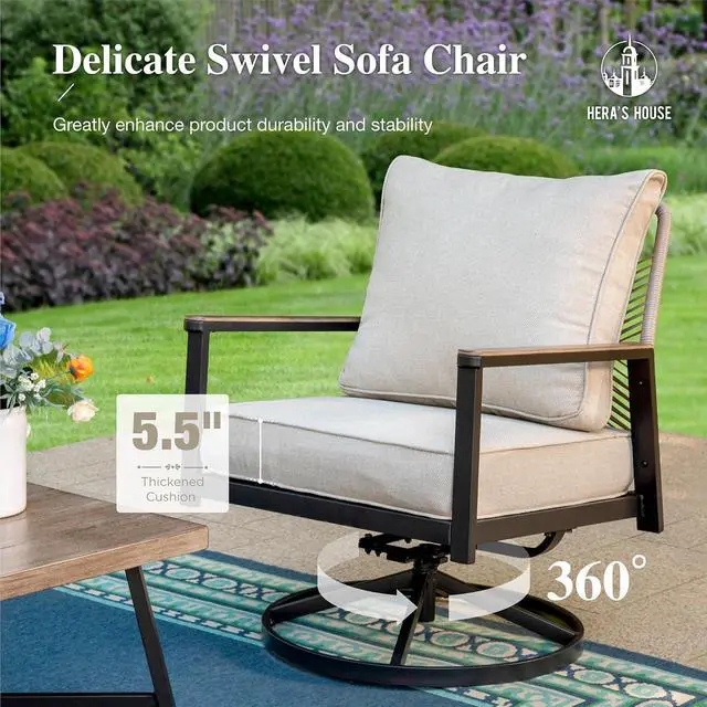 Alt view image 5 of 7 - HERA'S HOUSE Rattan Patio Conversation Set, 5-Seat, Swivel Chairs, | 1 3-Seat Sofa, Coffee Table, High Back, All-Weather, Beige