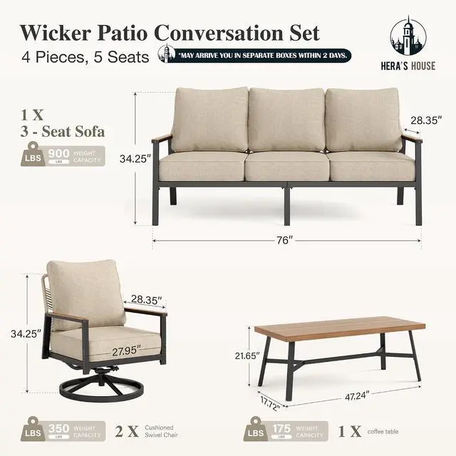Alt view image 7 of 7 - HERA'S HOUSE Rattan Patio Conversation Set, 5-Seat, Swivel Chairs, | 1 3-Seat Sofa, Coffee Table, High Back, All-Weather, Beige