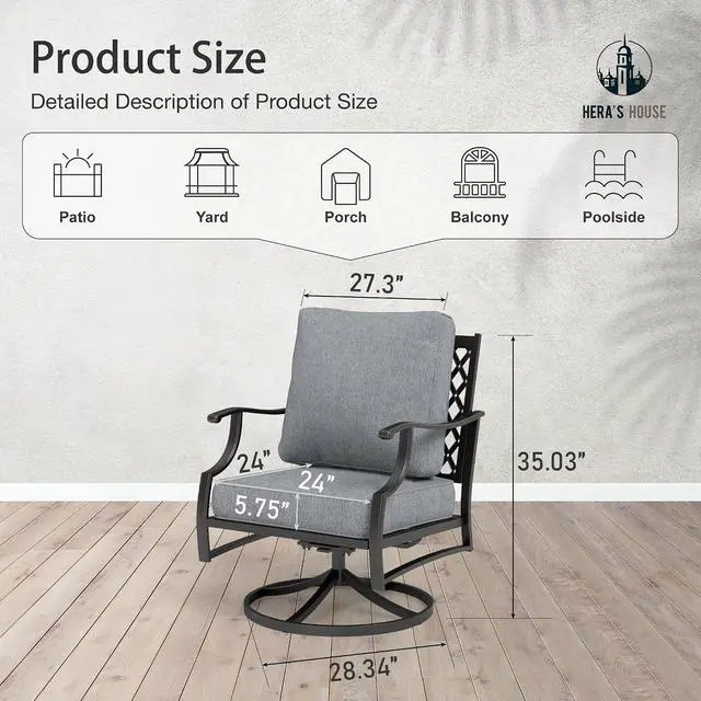 Alt view image 2 of 7 - HERA'S HOUSE 2-Piece Steel Patio Swivel Chair Set, 2-Seat, Swivel Chairs | Grey, All-Weather, For Garden, Deck, Backyard