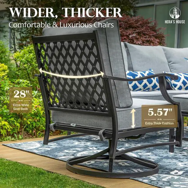 Alt view image 5 of 7 - HERA'S HOUSE 2-Piece Steel Patio Swivel Chair Set, 2-Seat, Swivel Chairs | Grey, All-Weather, For Garden, Deck, Backyard