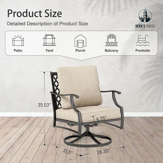 Alt view image 2 of 7 - HERA'S HOUSE Swivel Patio Dining Chairs, Set of 2, Alloy Steel, Beige | Cushioned, All-Weather, Rust-Resistant, Supports 350 lb, For Deck, Garden, Balcony