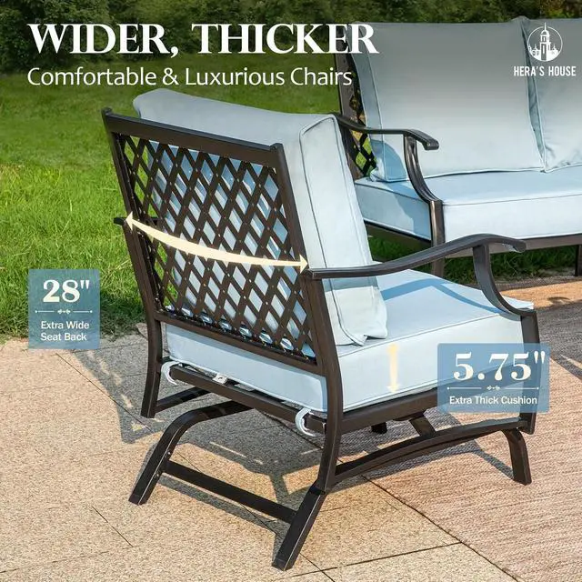 Alt view image 5 of 7 - HERA'S HOUSE, 2 Pack, Patio Rocking Chairs, Alloy Steel, Blue | 5.75" Thick Cushions, All Weather, 350 lb Capacity, Waterproof Cushion Covers, E-Coated and Powder-Coated Frame