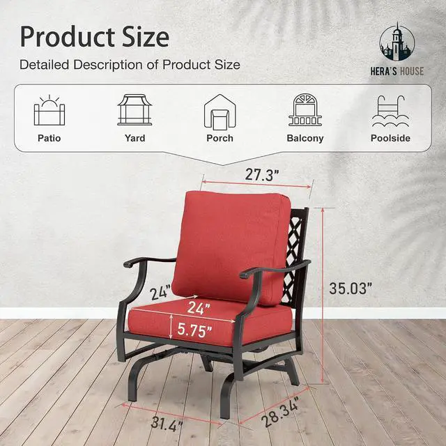Alt view image 2 of 7 - HERA'S HOUSE Outdoor Chairs Set of 2, 2 x Patio Chair with Red Cushions | 2 Seats Size, Alloy Steel Material, Red Rocking Chair Color, CUSHIONED CHAIRS FOR UNPARALLELED COMFORT5