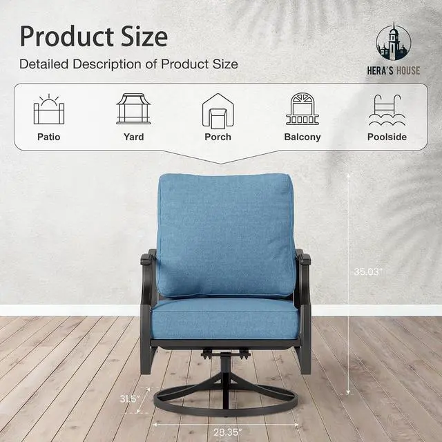 Alt view image 6 of 7 - HERA'S HOUSE 2-Piece Steel Patio Swivel Chair Set, 2-Seat, Swivel Chairs | Navy Blue, All-Weather, For Garden, Deck, Backyard
