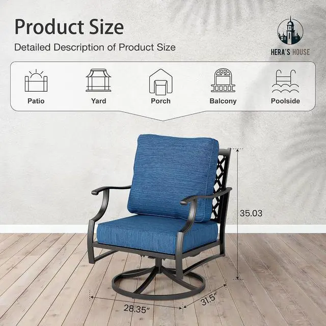 Alt view image 2 of 7 - HERA'S HOUSE Swivel Patio Dining Chairs, Set of 2, Alloy Steel | Pacific Blue, Cushioned, All-Weather, Rust-Resistant, Supports 350 lb, For Deck, Garden, Balcony