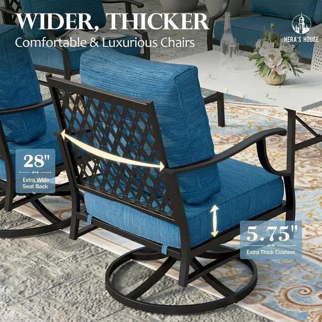 Alt view image 6 of 7 - HERA'S HOUSE Swivel Patio Dining Chairs, Set of 2, Alloy Steel | Pacific Blue, Cushioned, All-Weather, Rust-Resistant, Supports 350 lb, For Deck, Garden, Balcony