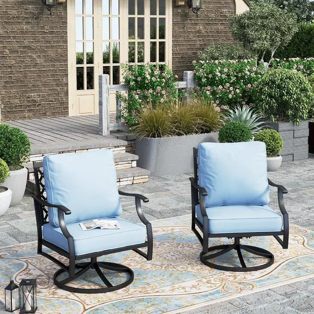 Main image of HERA'S HOUSE Swivel Patio Dining Chairs, Set of 2, Alloy Steel, Blue | Cushioned, All-Weather, Rust-Resistant, Supports 350 lb, For Deck, Garden, Balcony