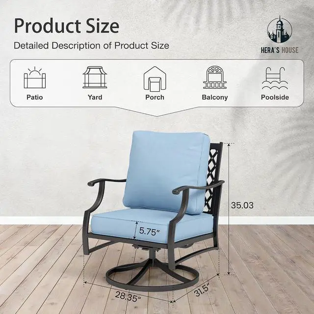 Alt view image 2 of 7 - HERA'S HOUSE Swivel Patio Dining Chairs, Set of 2, Alloy Steel, Blue | Cushioned, All-Weather, Rust-Resistant, Supports 350 lb, For Deck, Garden, Balcony