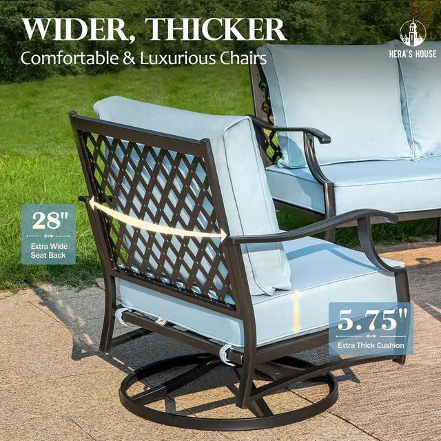 Alt view image 5 of 7 - HERA'S HOUSE Swivel Patio Dining Chairs, Set of 2, Alloy Steel, Blue | Cushioned, All-Weather, Rust-Resistant, Supports 350 lb, For Deck, Garden, Balcony
