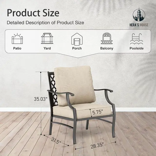 Alt view image 2 of 7 - HERA'S HOUSE Patio Dining Chairs, Set of 2, Wrought Iron, Beige | Cushioned, All-Weather, Rust-Resistant, Supports 350 lb, For Deck, Garden, Balcony