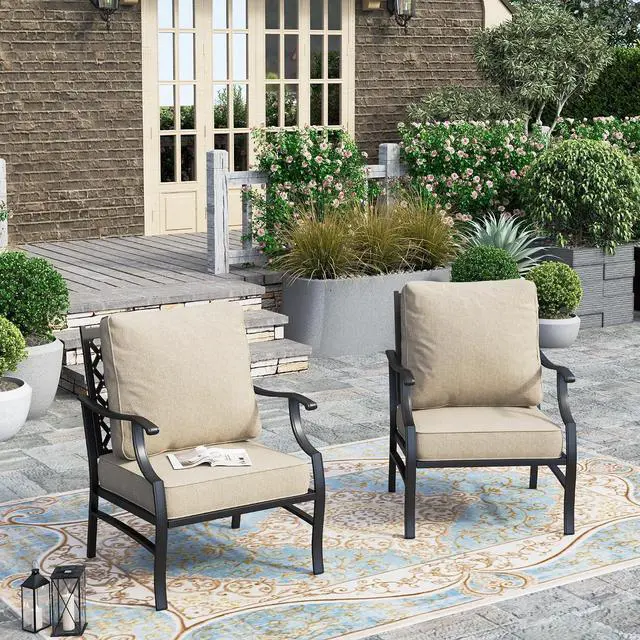 Main image of HERA'S HOUSE Patio Dining Chairs, Set of 2, Wrought Iron, Beige | Cushioned, All-Weather, Rust-Resistant, Supports 350 lb, For Deck, Garden, Balcony
