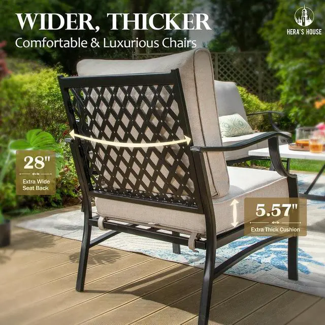 Alt view image 4 of 7 - HERA'S HOUSE Patio Dining Chairs, Set of 2, Wrought Iron, Beige | Cushioned, All-Weather, Rust-Resistant, Supports 350 lb, For Deck, Garden, Balcony
