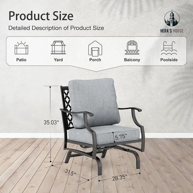 Alt view image 2 of 7 - HERA'S HOUSE, 2 Pack, Patio Rocking Chairs, Alloy Steel, Grey | 5.75" Thick Cushions, All Weather, 350 lb Capacity, Waterproof Cushion Covers, E-Coated and Powder-Coated Frame