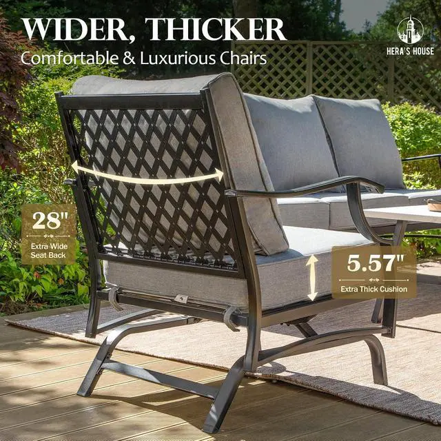 Alt view image 5 of 7 - HERA'S HOUSE, 2 Pack, Patio Rocking Chairs, Alloy Steel, Grey | 5.75" Thick Cushions, All Weather, 350 lb Capacity, Waterproof Cushion Covers, E-Coated and Powder-Coated Frame